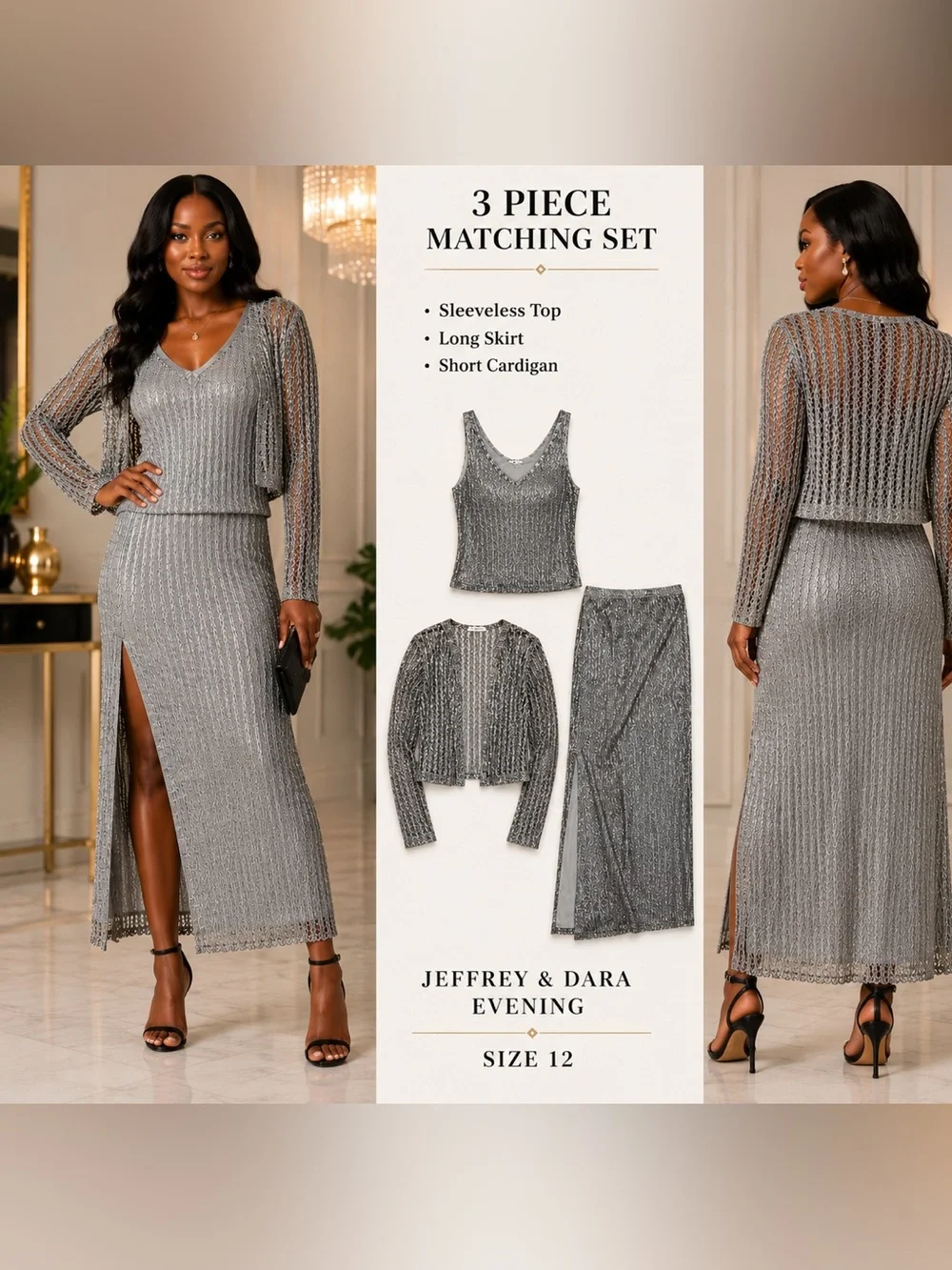 Vintage Jeffrey & Dara Evening 3 Piece Metallic Silver Skirt Set Size 12